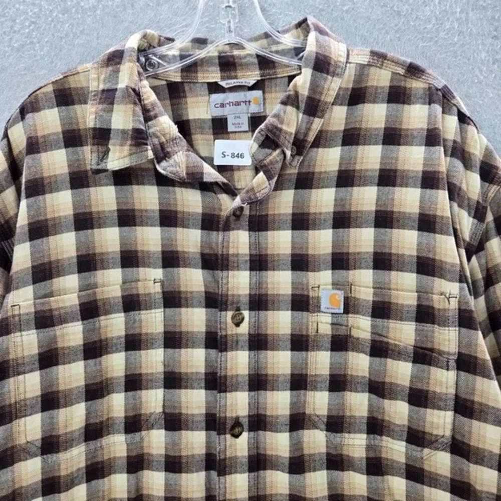 Carhartt Men Button Up Shirt 2XL Beige Plaid Flannel Relaxed‎ Fit Rugged Flex